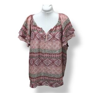 Como Vintage Women’s Plus Size Flutter Sleeve Split Neck Top Lightweight Pink 3X